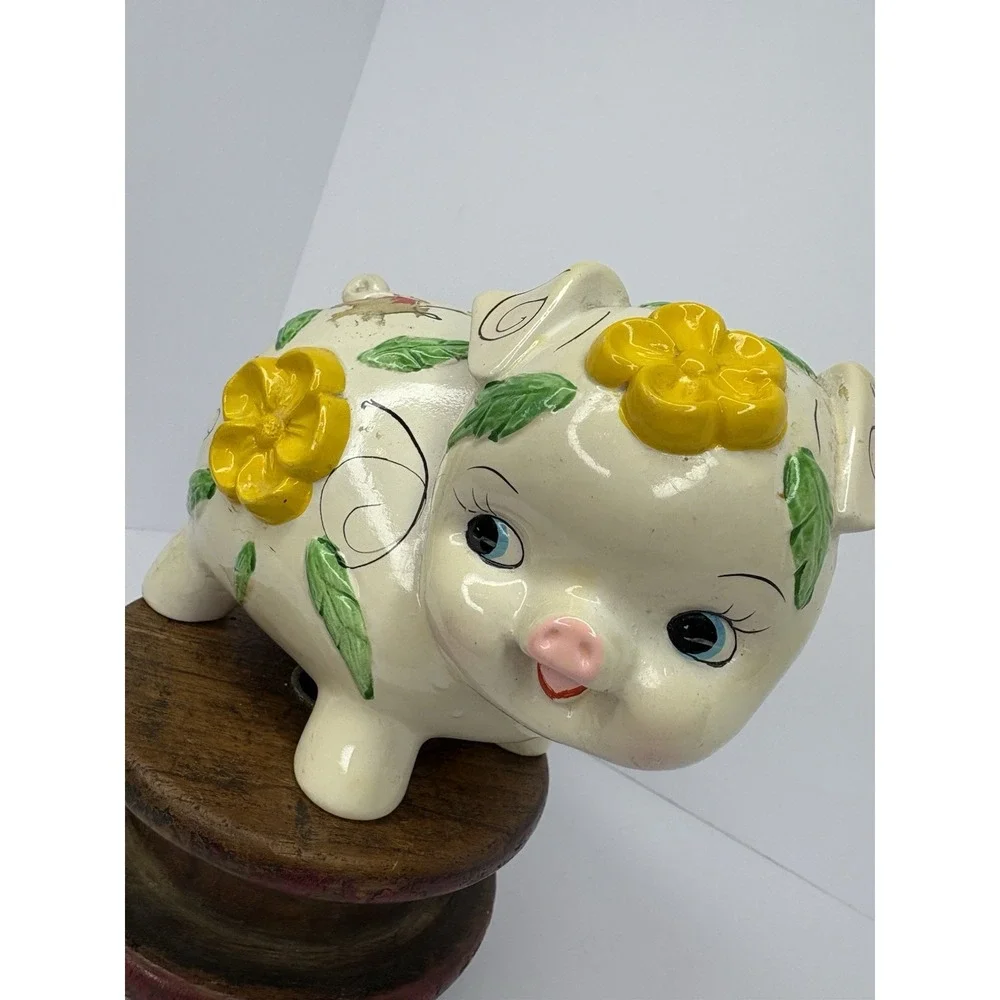 Vtg Plastic Piggy Bank Flowers Stopper White Yellow Whimsical Textured